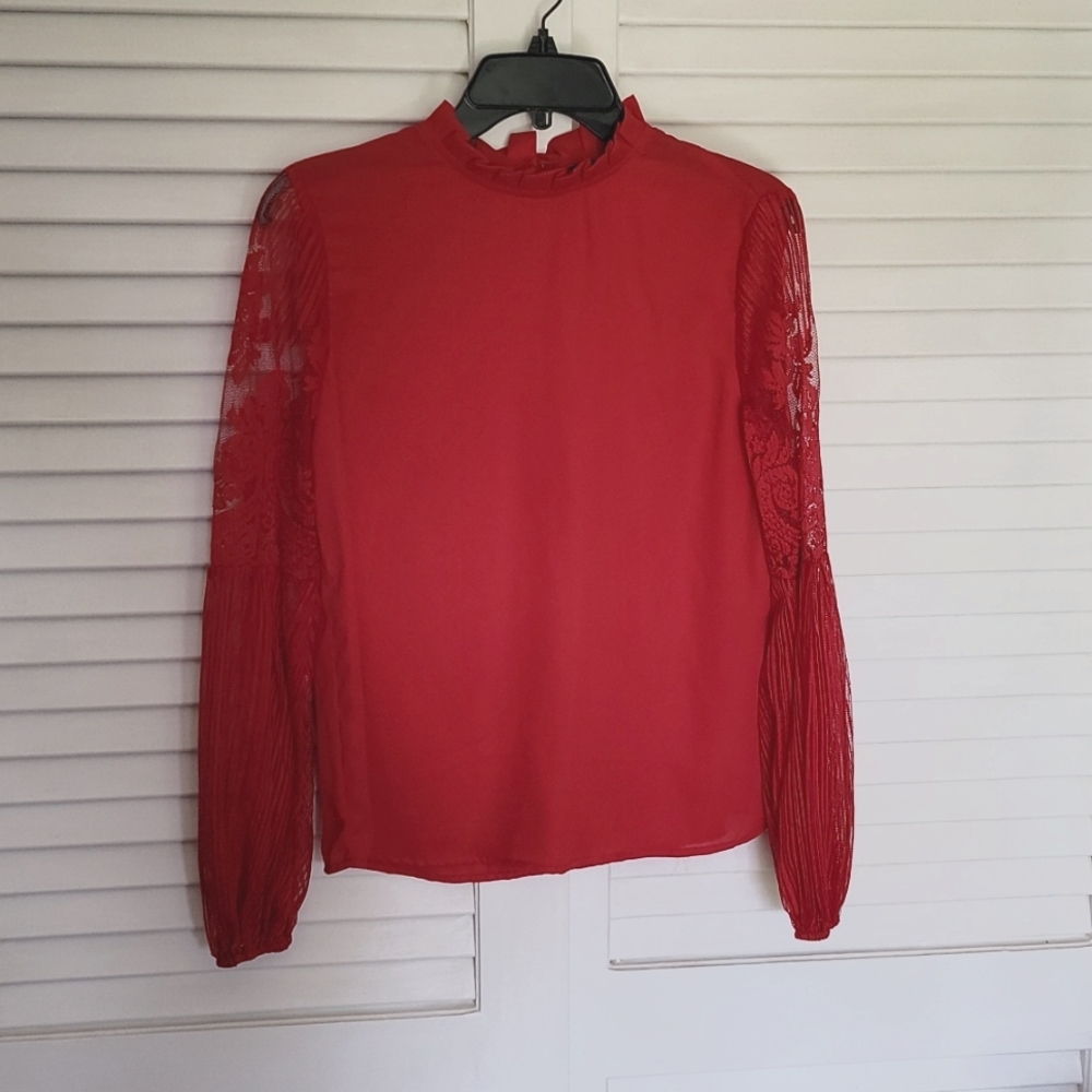Shein S Red Lace Sleeve Blouse